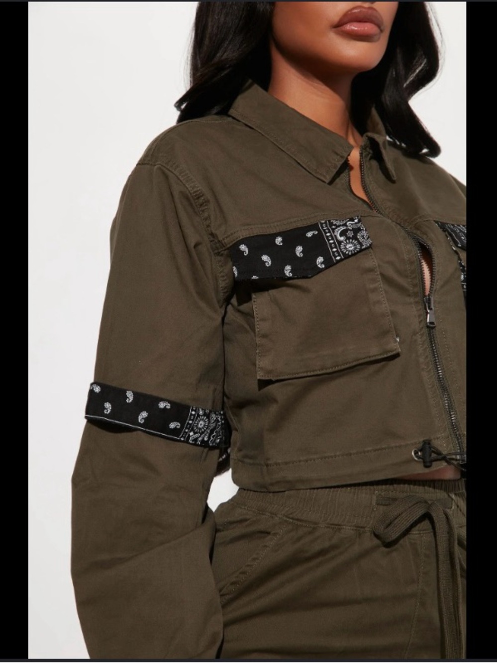 American Bazi Olive Green Cropped Utility Jacket with Black Bandana Detail